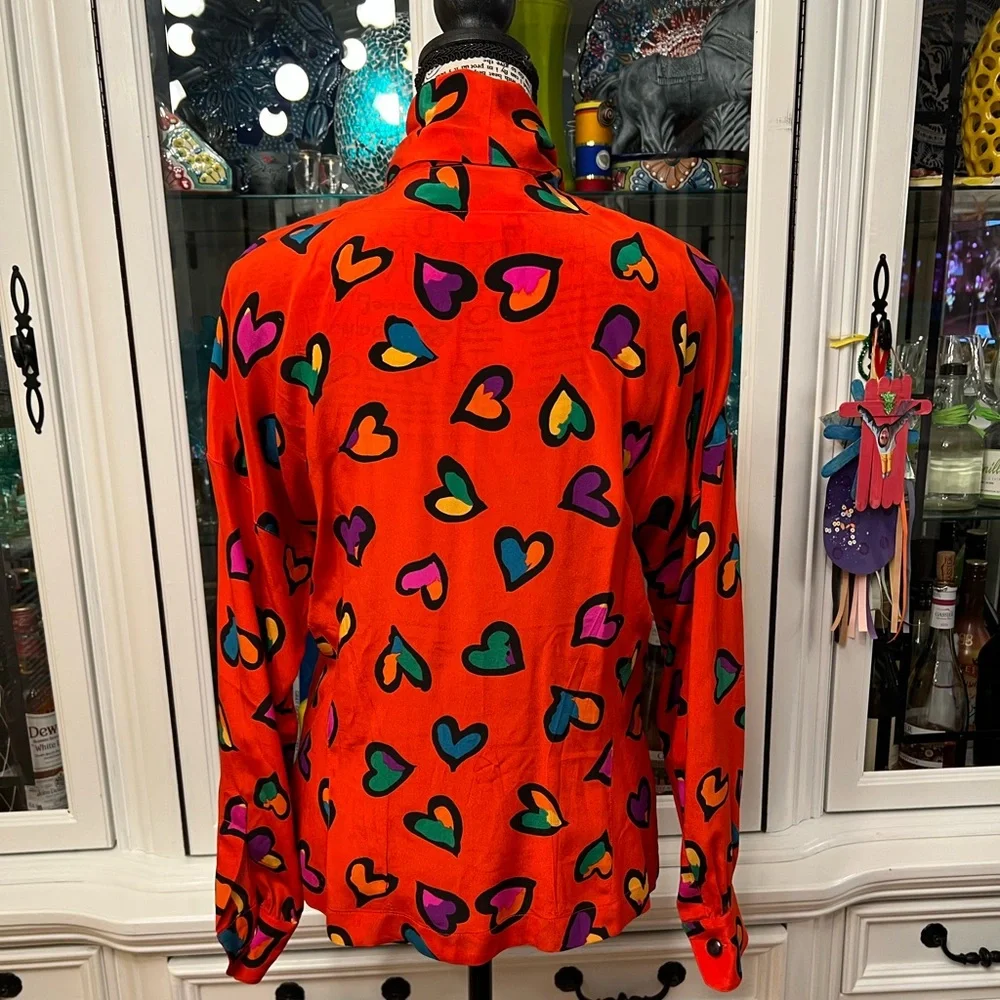 Vintage Escada Red Heart Print Blouse with Neck Bow 34 S - Picture 5 of 16